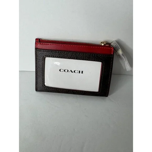 Coach Mini Skinny Id Case Signature Canvas Gold Walnut Bold Red - Picture 5 of 6